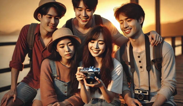 여행 끝 사진보고 즐거워하는 사람들