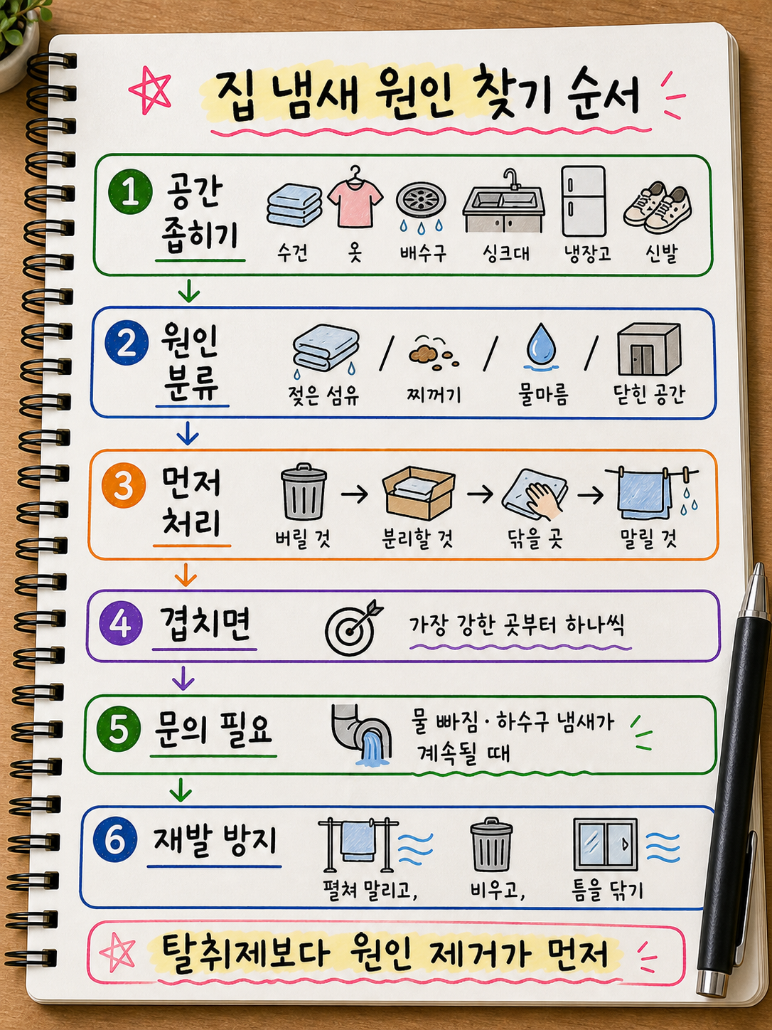 집 냄새 원인 찾기와 냄새 제거 재발 방지 순서를 정리한 손글씨 요약 노트