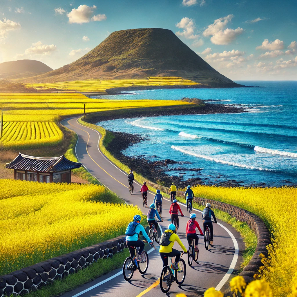 제주도의 해안도로를 따라 자전거를 타는 여행객, 한쪽엔 푸른 바다, 다른 쪽엔 유채꽃밭이 펼쳐진 풍경