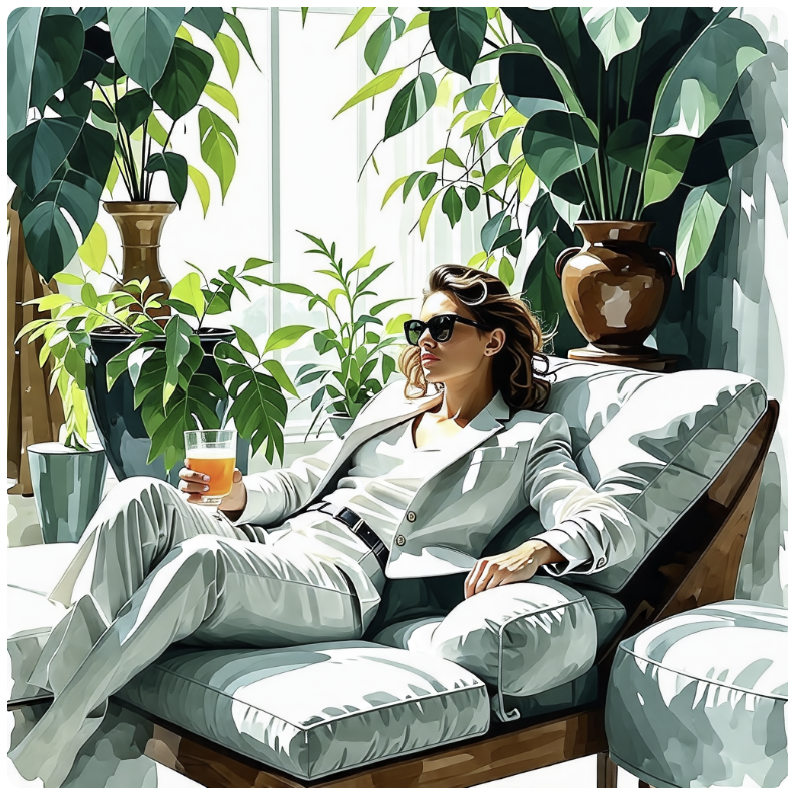 부자가 되어서 세련된 차림으로 휴식을 취하고 있는 여성의 모습