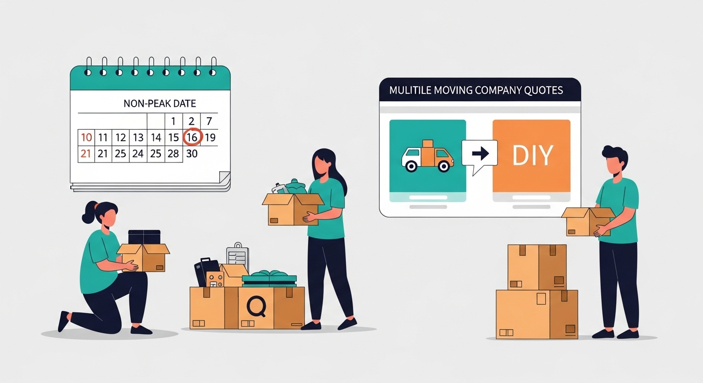 이사 비용을 절약하는 다양한 방법들을 보여주는 일러스트. 비수기 이사, 짐 정리, 견적 비교, 셀프 포장.