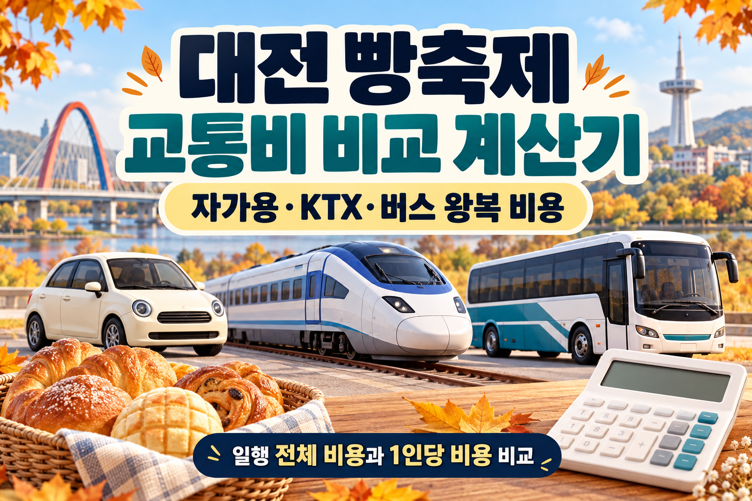 대전 빵축제 교통비 비교 계산기 - 자가용&middot;KTX&middot;버스 왕복 비용