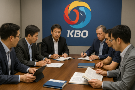 KBO심판과 관계자들이 회의실에서 경기 규정을 검토하는 모습