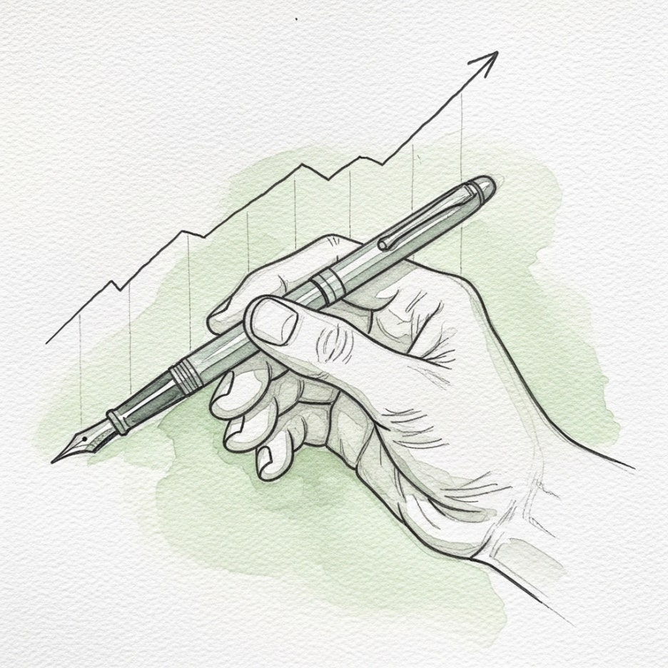 상승하는 그래프와 만년필을 든 손의 세밀한 스케치