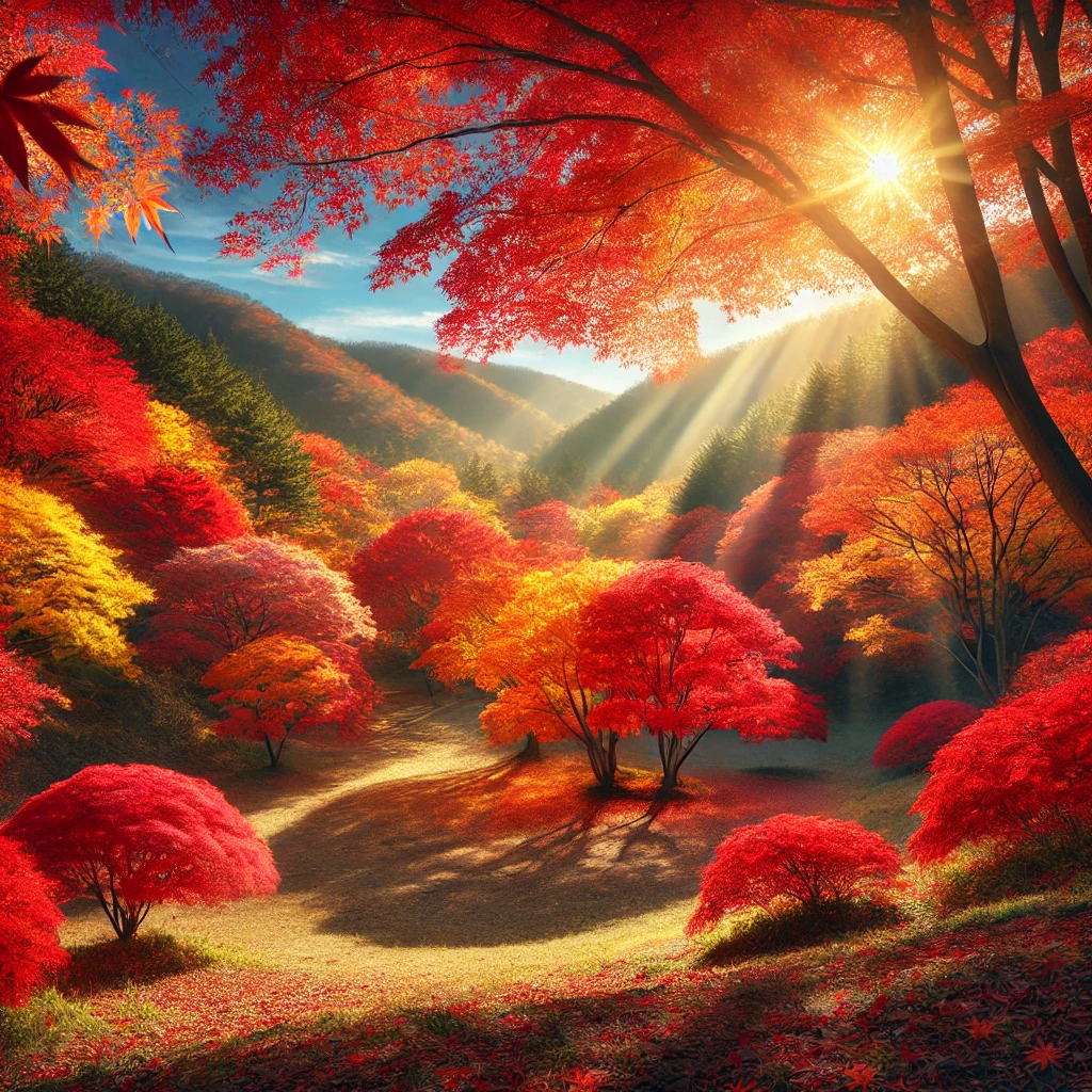 전라도의 가을 단풍, 붉고 노란 단풍나무들이 햇빛을 받아 따스하게 물든 언덕 풍경, 맑은 가을 하늘 아래 펼쳐진 모습