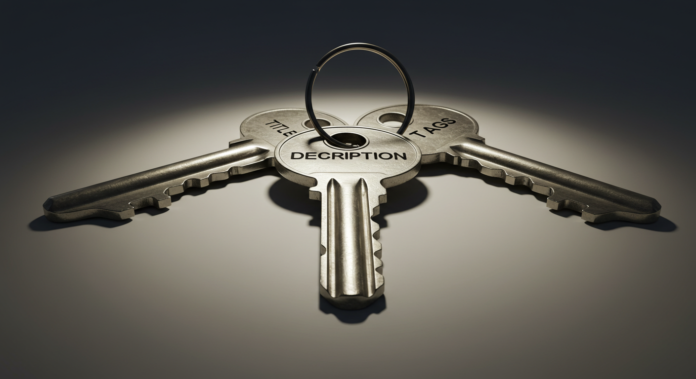 제목·설명·태그의 역할을 상징하는 세 개의 열쇠로 표현한 개념 사진