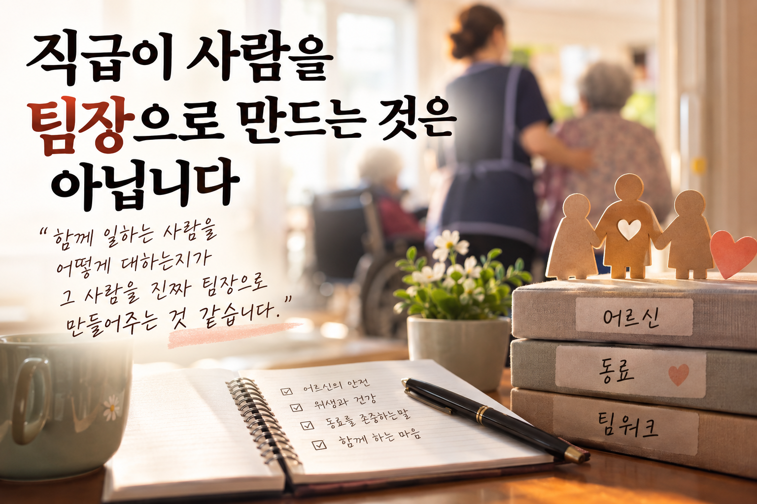 주야간보호센터에서 어르신을 돌보는 요양보호사와 동료·팀워크를 표현한 이미지, 직급보다 함께 일하는 사람을 대하는 태도가 중요하다는 의미