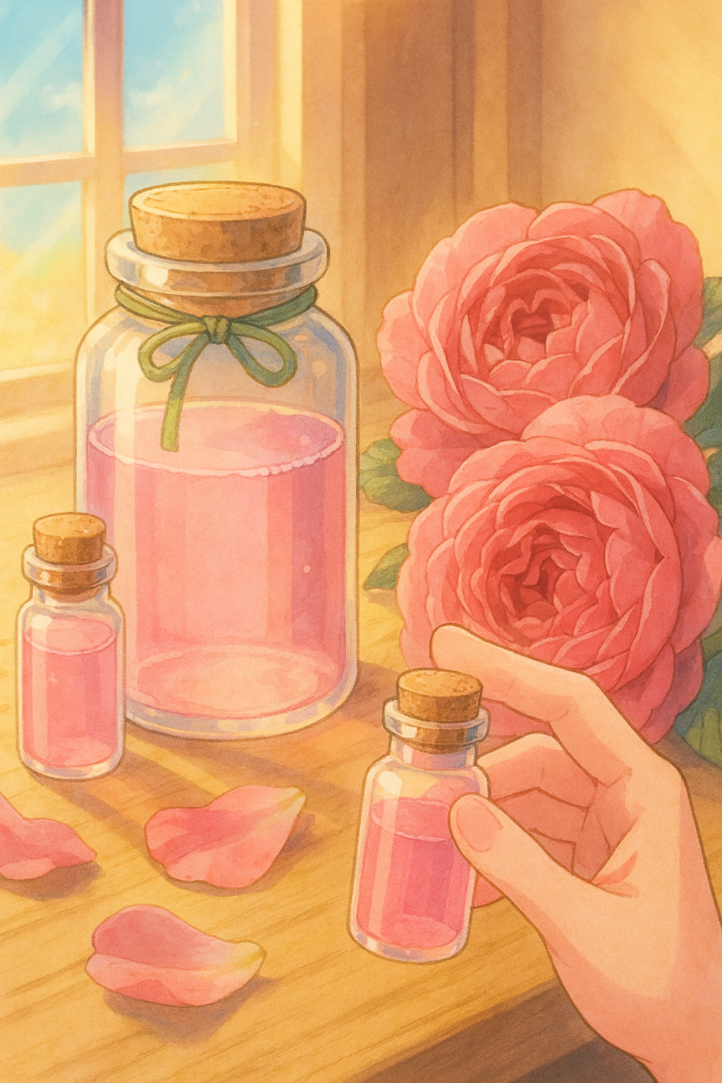 햇살 가득한 창가에서 장미꽃과 함께 놓인 장미수 유리병