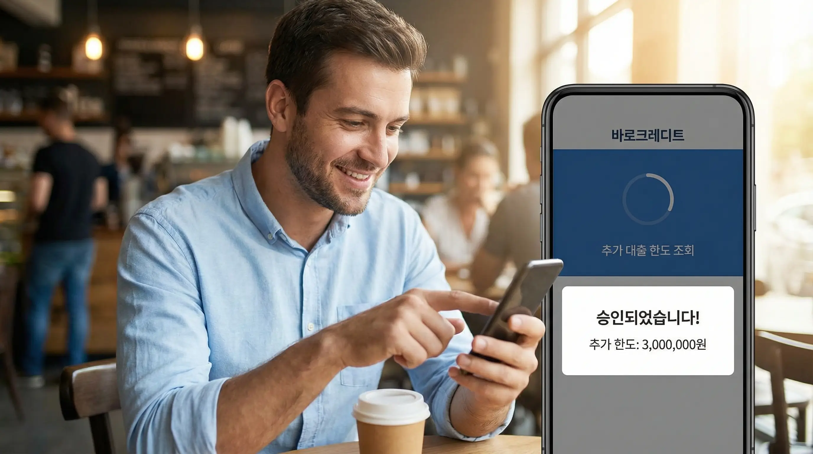 바로크레디트 앱을 통해 추가 대출 한도를 조회하고 승인 메시지를 확인하는 모습