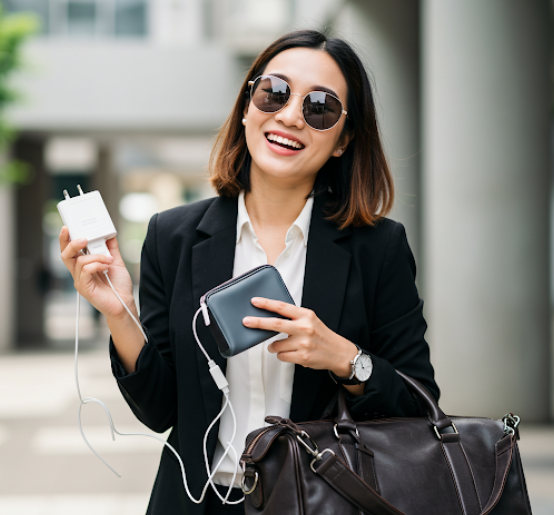 직장 여성이 여행을 위해 멀티어댑터, 뷰티파우치, 워치를 들고 있는 모습