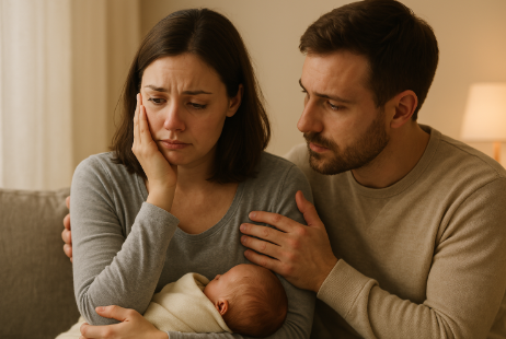 아기를 안고있는 산모의 슬픈 표정의 사진
