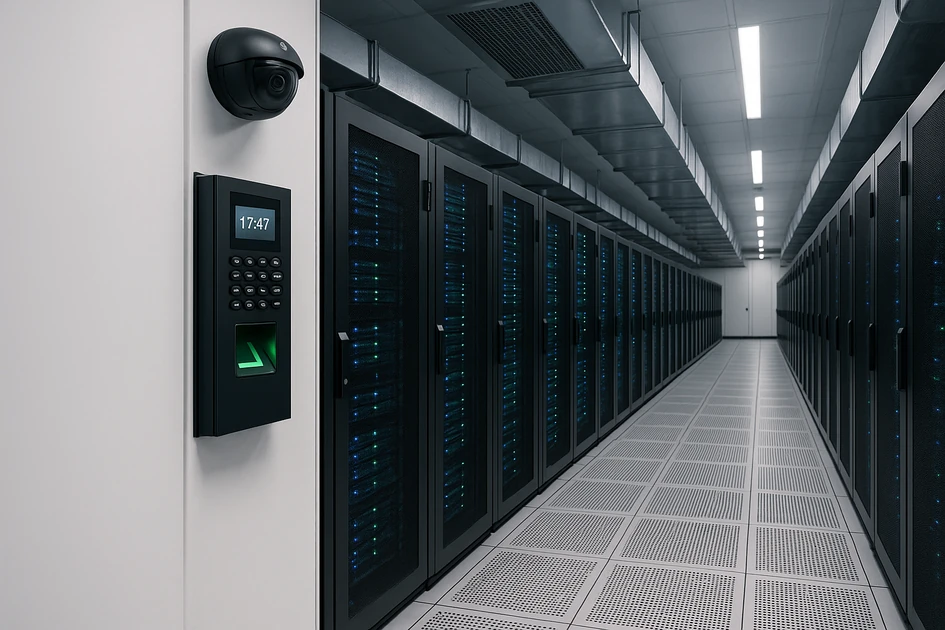 KT IDC 데이터센터 복도에 양쪽으로 늘어선 서버 랙과 출입 통제 장치, CCTV가 설치된 보안 데이터센터 내부 모습