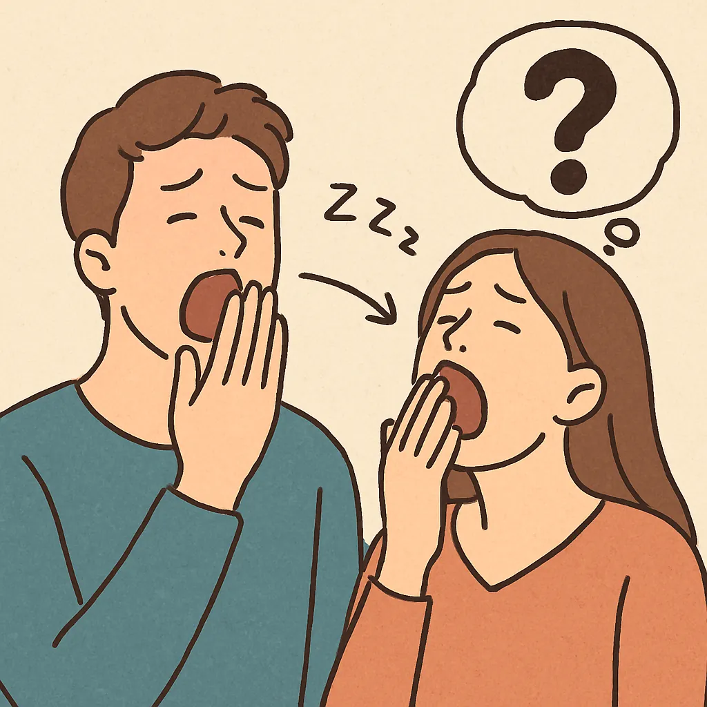 하품을-하는-남성과-그-하품을-보고-같이-하품하는-여성이-표현된-일러스트로-질문표시와-z자-모양의-전염-표현이-강조됨