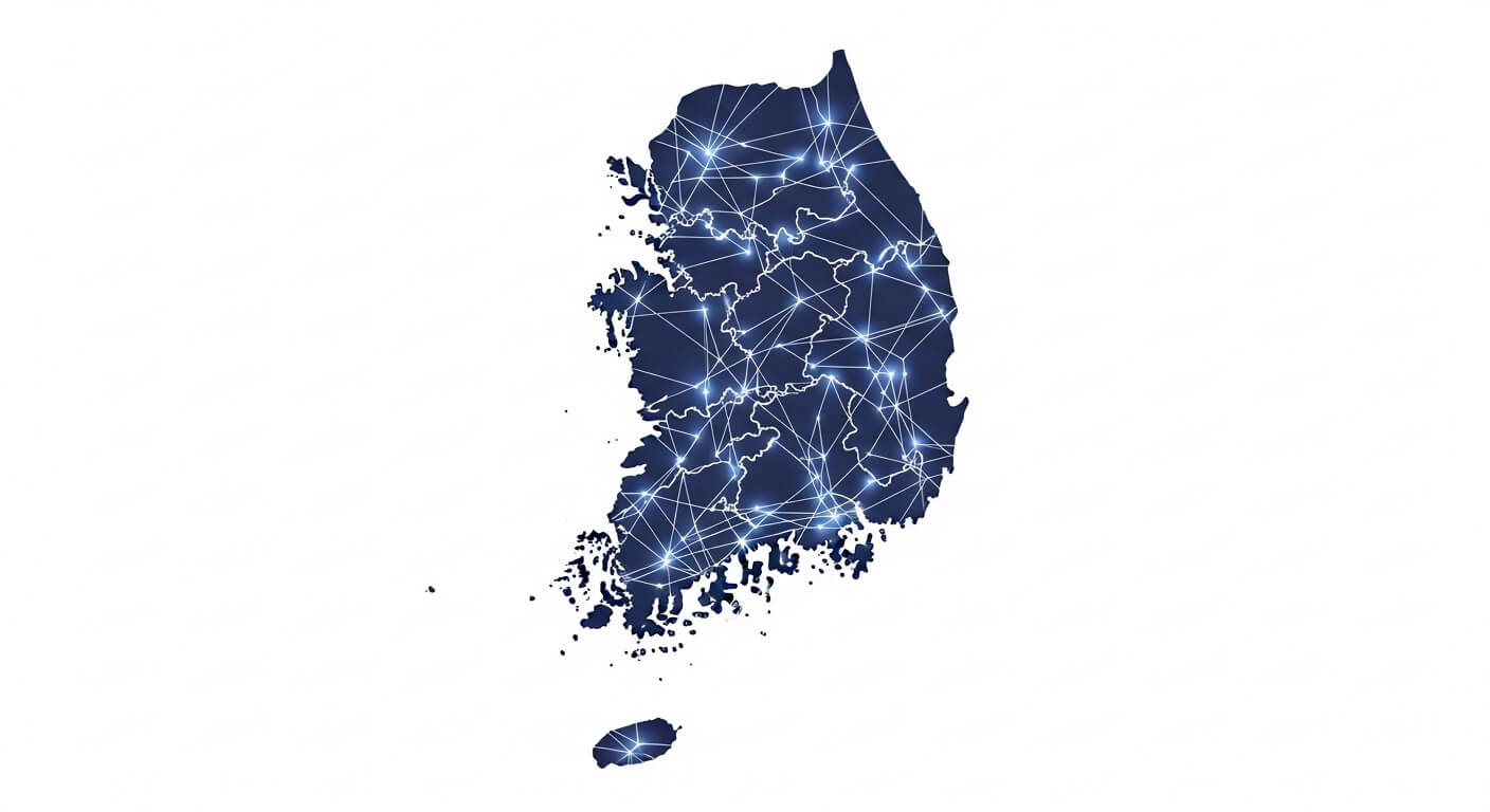 대한민국 지도 위에 여러 지역 거점이 연결된 네트워크를 나타낸 지역 균형 발전 개념 이미지