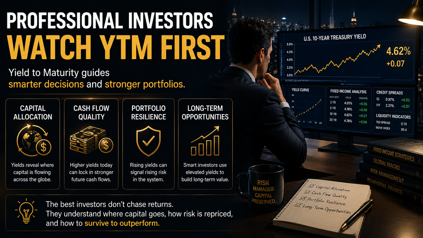 Professional investor monitoring Yield to Maturity (YTM) and Treasury yields to assess capital allocation, portfolio resilience, and long-term investment opportunities.