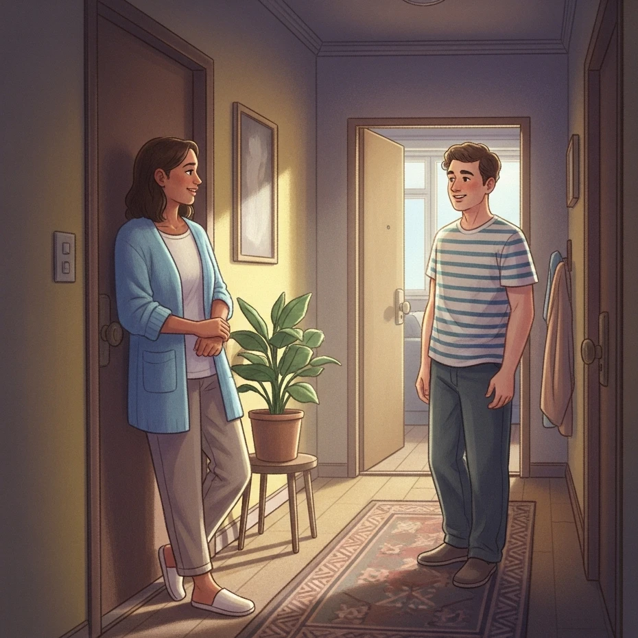 복도에서 대화하는 이웃 두 사람