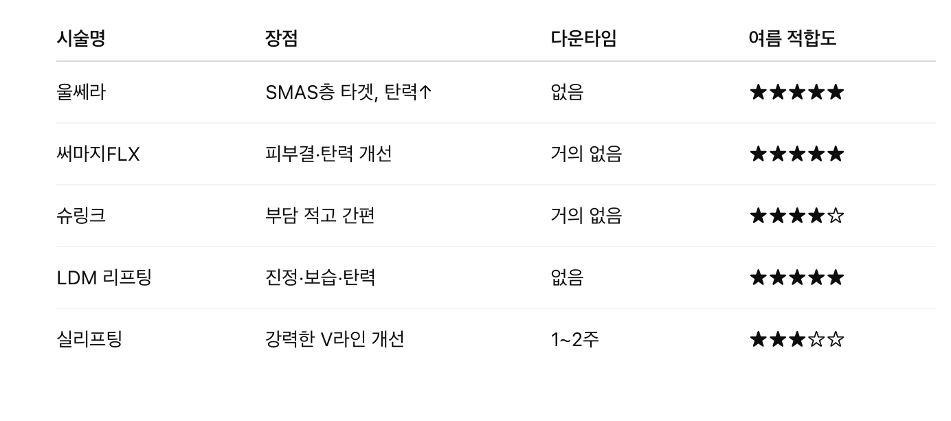 여름철 리프팅 시술 요약표