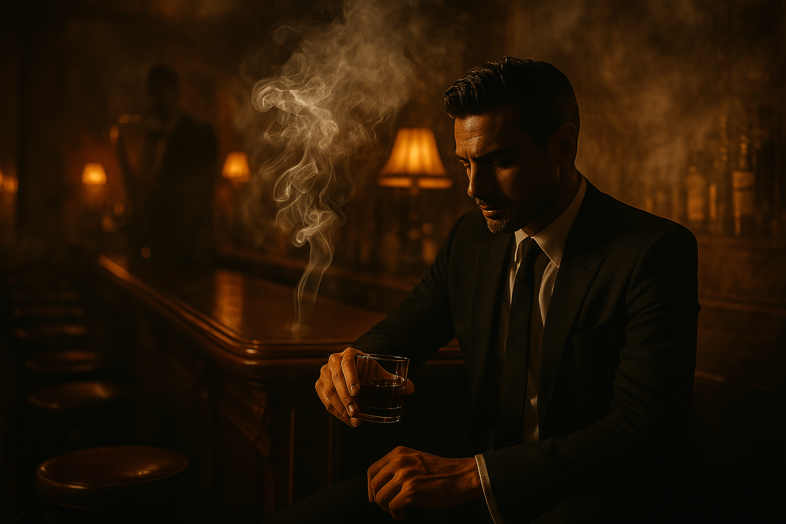 빈티지 우드 바에서 정장을 입은 남성이 다크 럼 잔을 들고 앰버 조명 아래 앉아 있는 장면. 배경에는 색소폰 연주자와 자욱한 시가 연기가 어우러져 고혹적인 밤의 분위기를 연출.