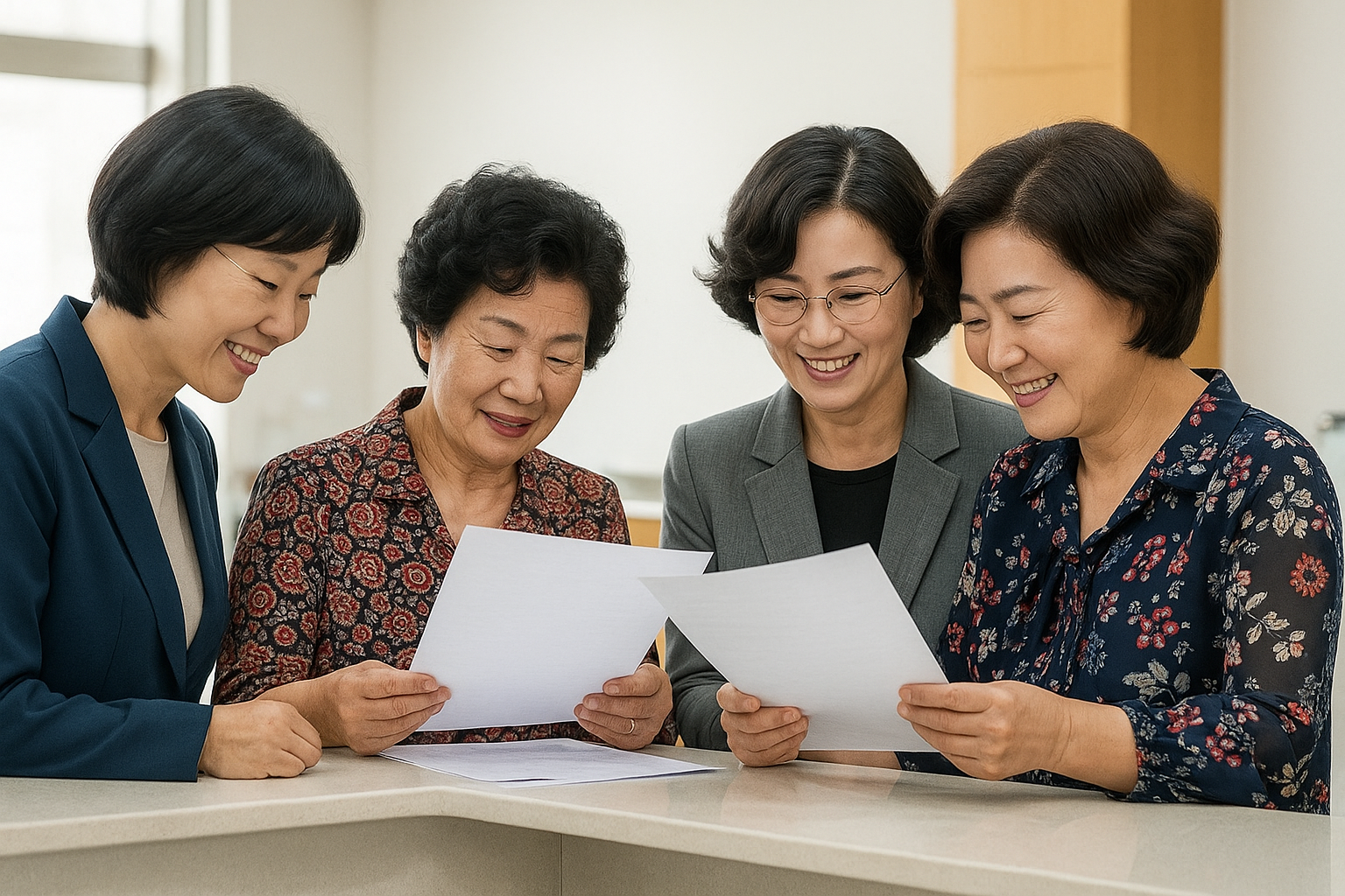 주민센터 창구에서 서류를 확인하며 기초연금 재신청을 돕는 자녀와 부모