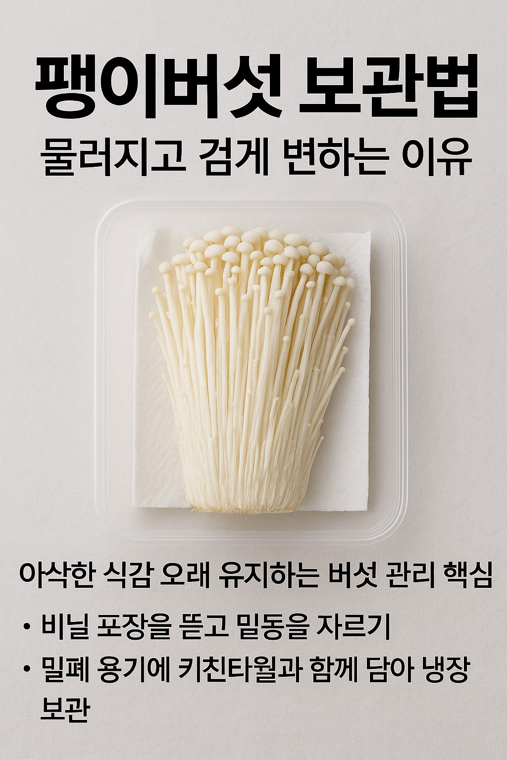 팽이버섯 보관법, “물러지고 검게 변하는 이유”: 아삭한 식감 오래 유지하는 버섯 관리 핵심