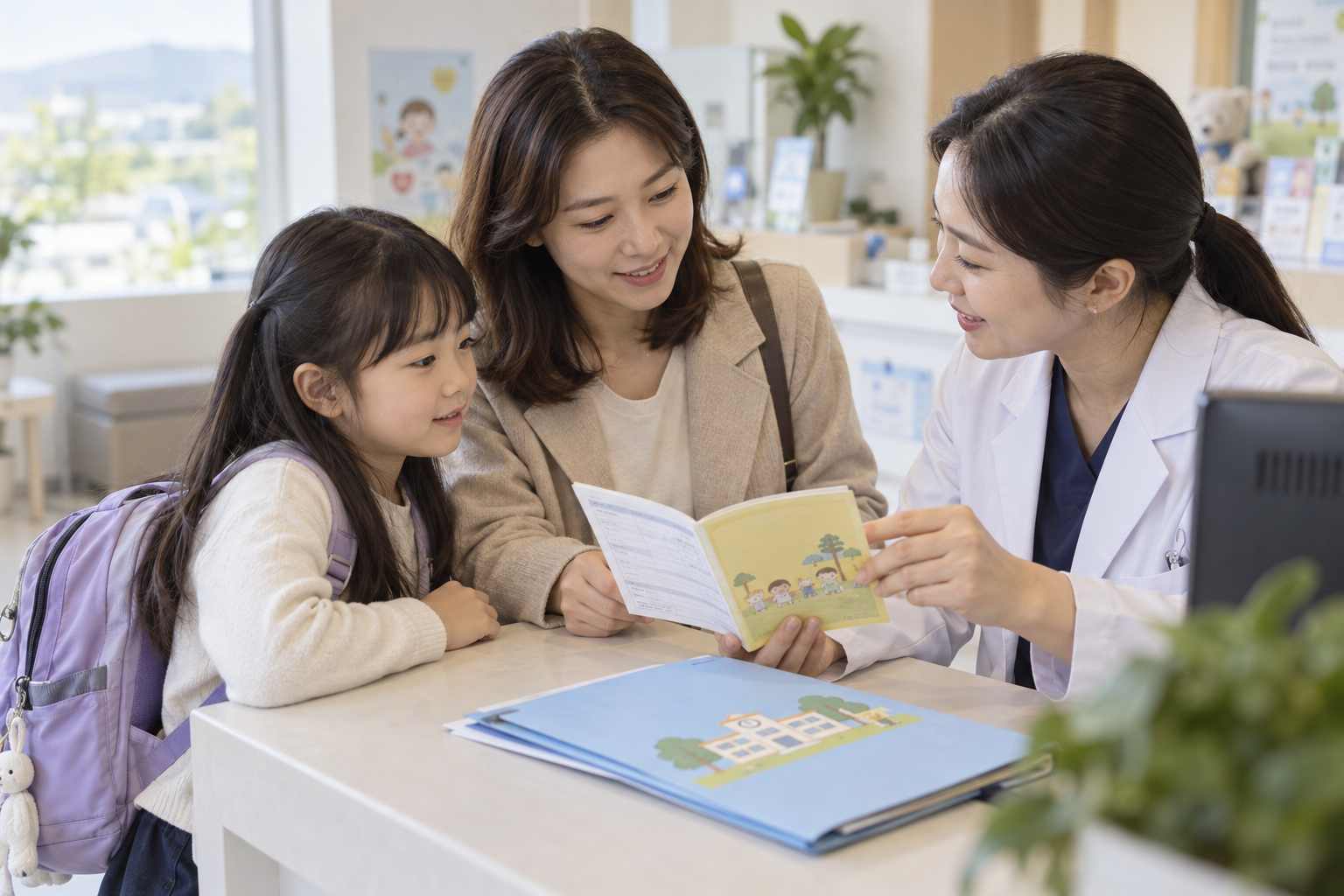 초·중학교 입학 전 예방접종 확인사업, 누락 기록과 금기사유 서류 준비 상황에서 부모와 아이가 필요한 정보를 확인하는 실제 생활 장면