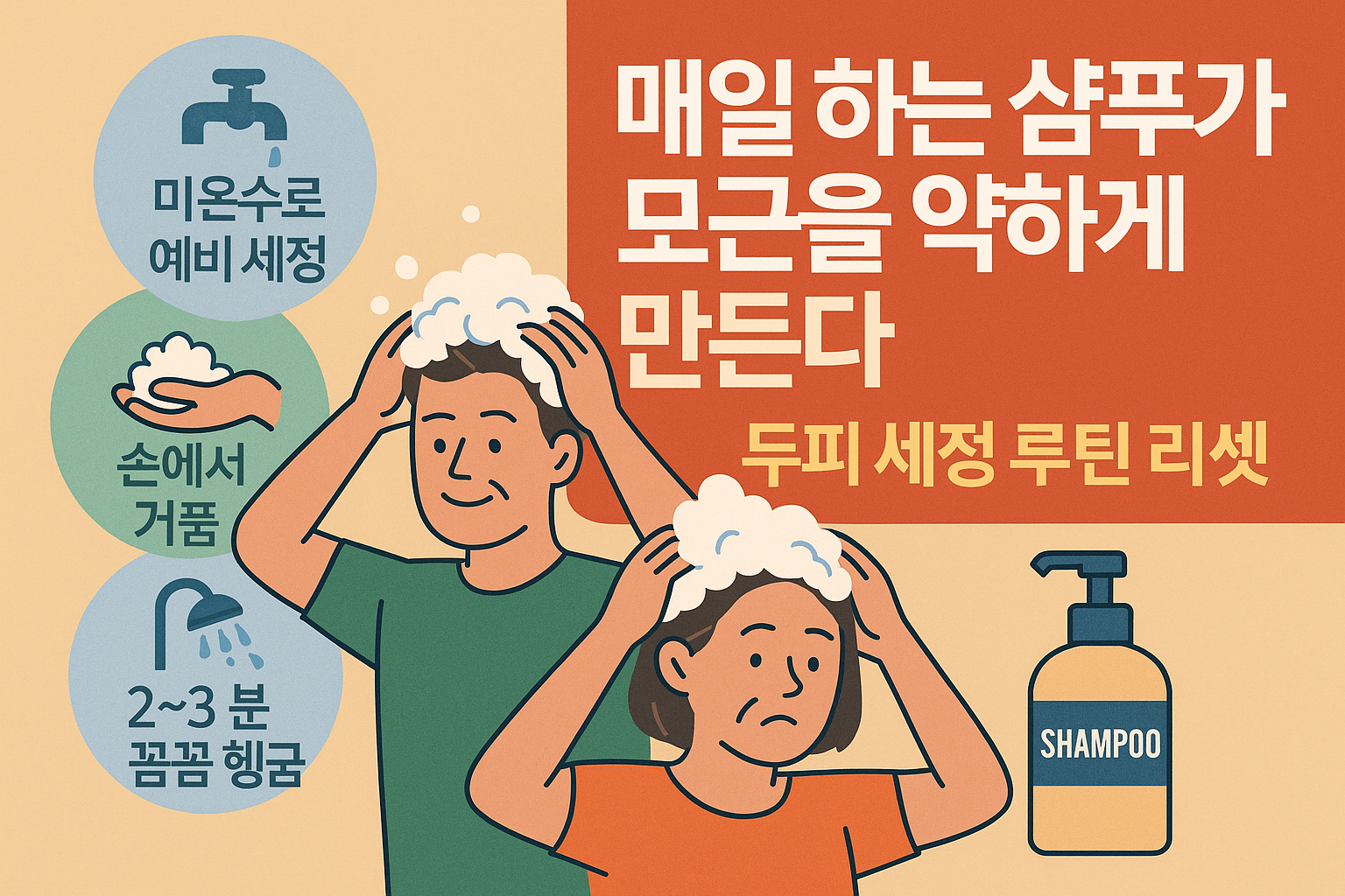 두피 세정을 위한 올바른 샴푸 루틴을 안내하는 인포그래픽, 샴푸 전 예비세정과 손끝 마사지, 헹굼 중심 루틴을 시각적으로 표현한 일러스트