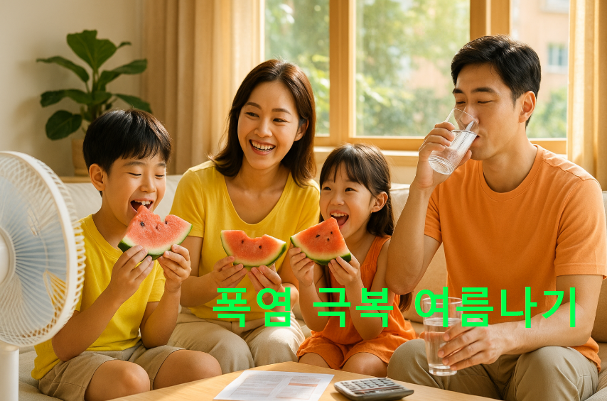 무더운 여름이지만 실내에서 시원한 음료와 과일을 즐기는 가족