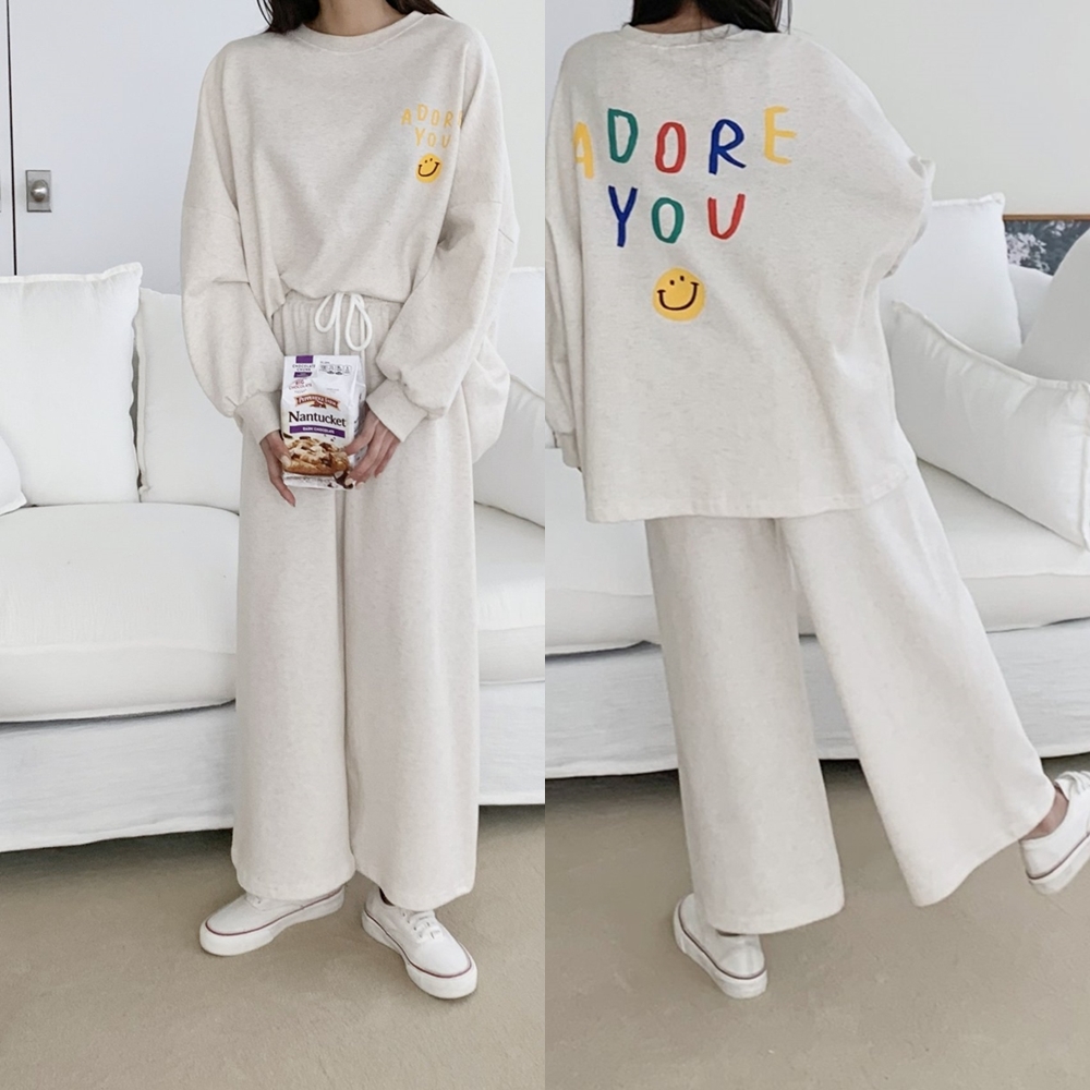 아도르 스마일 맨투맨 와이드 팬츠 트레이닝 운동복 상하 세트 사이즈 봄 가을-그레이