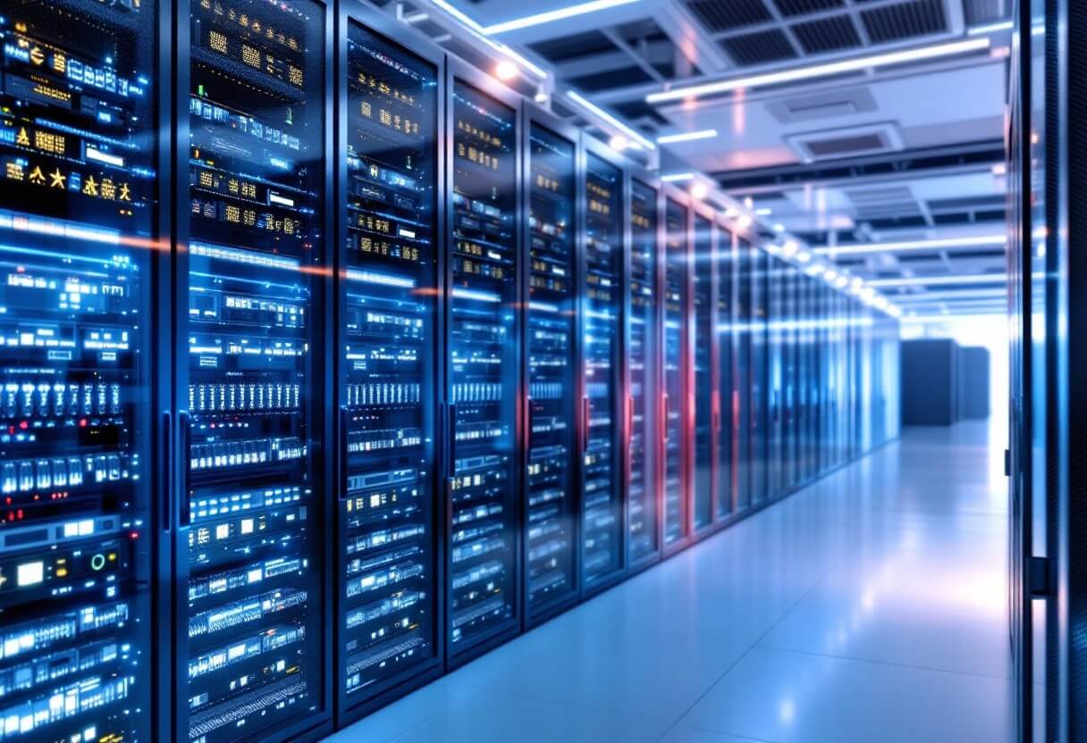 청색 빛이 감도는 현대적인 AI 클라우드 데이터센터 내부 전경, 서버 랙과 네트워크 장비가 줄지어 있는 모습