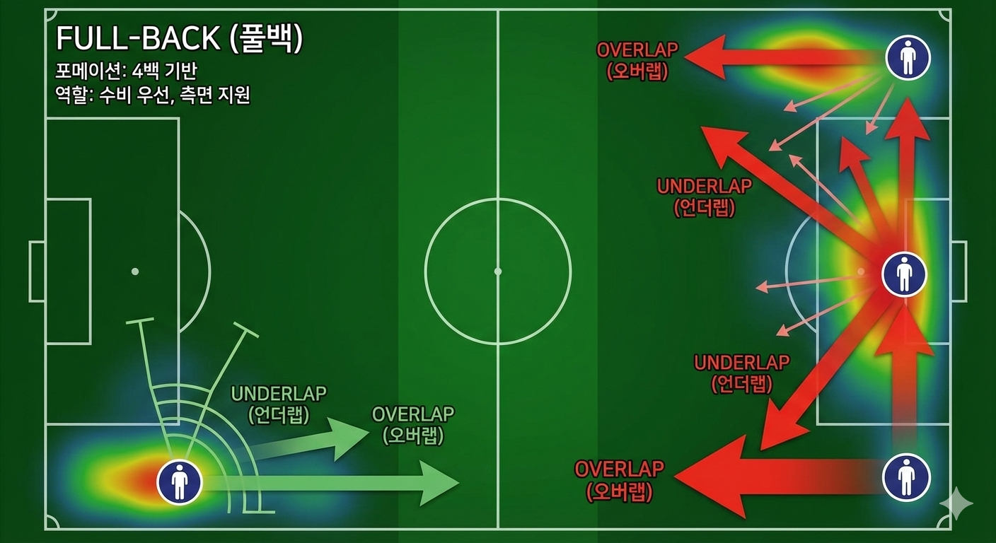 축구 전술 포지션 차이: 풀백(LB/RB) 대 윙백(LWB/RWB) 비교. 4백과 3백 포메이션 차이, 오버랩 및 언더랩 전술 움직임, 수비와 빌드업 역할 범위 시각화