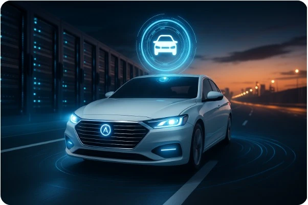 AI 자율 주행 차량이 도로를 달리는 미래형 장면