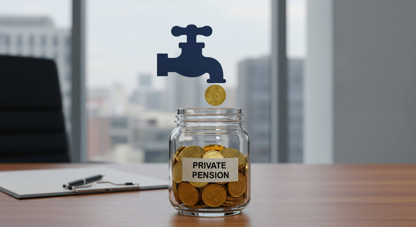 개인연금이라는 표가붙어있는 용기에 코인이 있고 수도꼭지에서 코인이 떨어진다