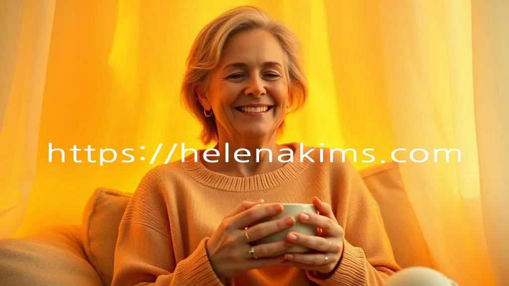 따뜻하고 부드러운 빛이 스며드는 아늑한 공간에서, 온화하고 편안한 미소를 띠며 내면의 활력을 만끽하는 건강한 중년 여성의 모습. 따뜻한 컵을 들고 있는 평화롭고 생기 넘치는 모습.