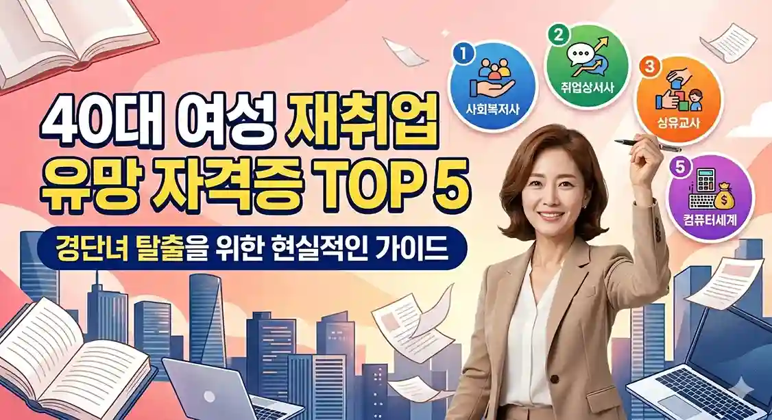 40대 여성 재취업 유망 자격증 TOP 5와 경단녀 탈출 가이드 정보를 담은이미지