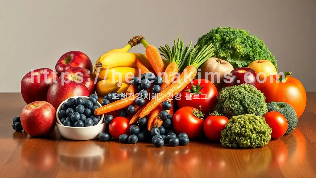 나무 탁자 위에 사과, 바나나, 블루베리, 당근, 토마토, 브로콜리 등 싱싱한 과일과 채소들이 놓인 모습.