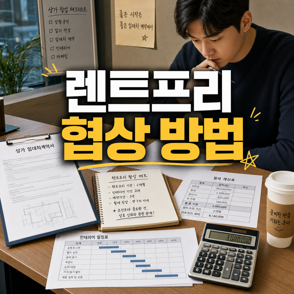 가게 오픈 전 렌트프리 협상과 월세 부담을 계산하는 예비 창업자 이미지
