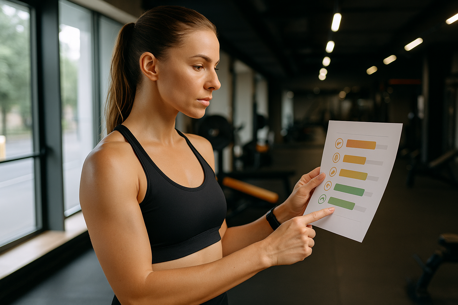 헬스장에서 운동복을 입은 여자가 호르몬 수치를 표시한 차트를 보며 건강 상태를 확인하는 모습