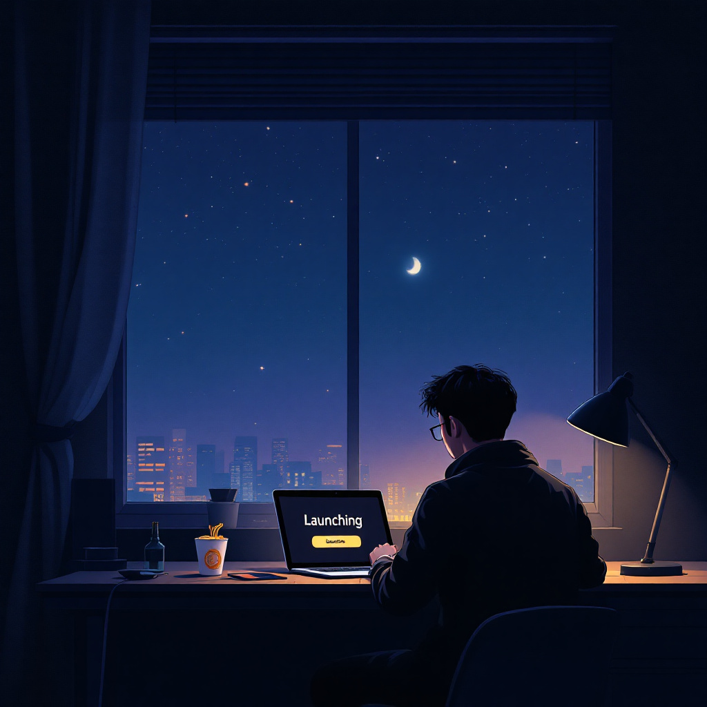 어두운 방에서 노트북으로 ‘Launching’ 버튼을 누르기 직전의 창업자. 창밖으로는 도시의 밤과 초승달이 보이며, 감성적인 긴장감이 흐르는 일러스트.