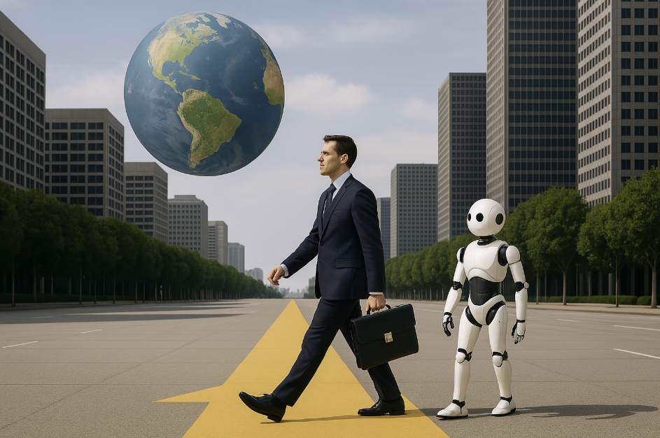 "현대적인 도시 거리에서 정장을 입은 남성과 휴머노이드 로봇이 노란색 화살표 도로 위를 나란히 걷고 있으며, 하늘에는 지구가 떠 있는 상징적인 풍경"