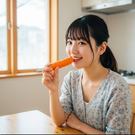 결막하출혈에 좋은 음식 , 당근 먹는 젊은 여성 사진