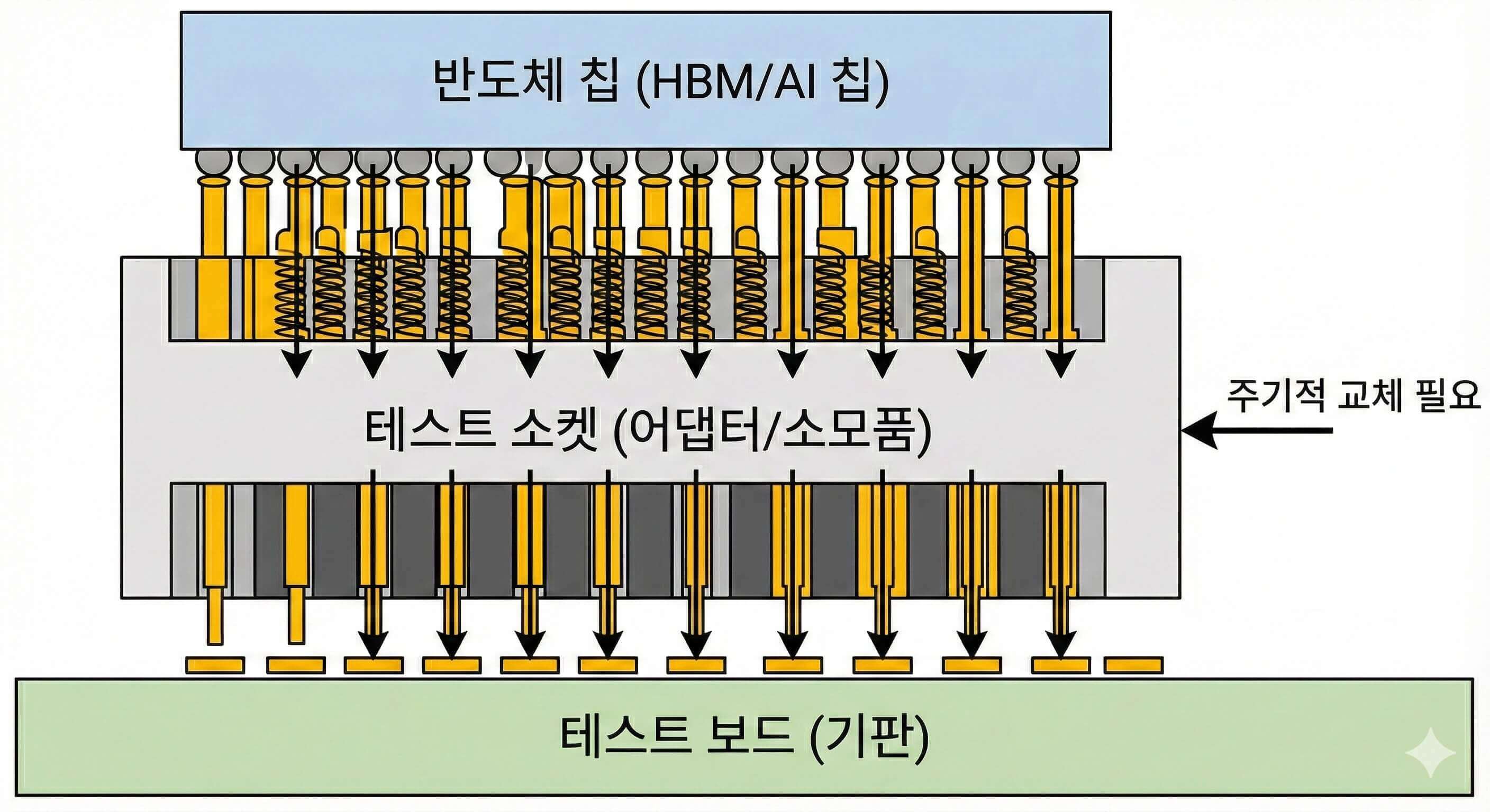 HBM 및 AI 반도체 테스트 소켓 연결 구조 단면도와 주기적 교체 원리