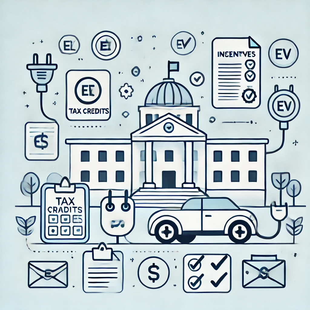 정부 건물이 배경에 있고, 그 주위에 돈, 체크표시, 문서 등 전기차 구매 시 받을 수 있는 세금 공제와 리베이트 혜택을 상징하는 아이콘들이 떠 있는 모습.