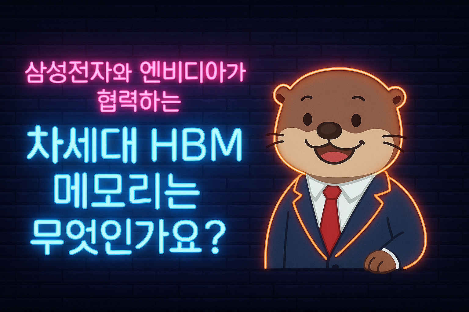 삼성전자와 엔비디아가 협력하는 차세대 HBM 메모리를 주제로 한 네온사인 텍스트와 미소 짓는 수달 팀장이 함께 있는 이미지
