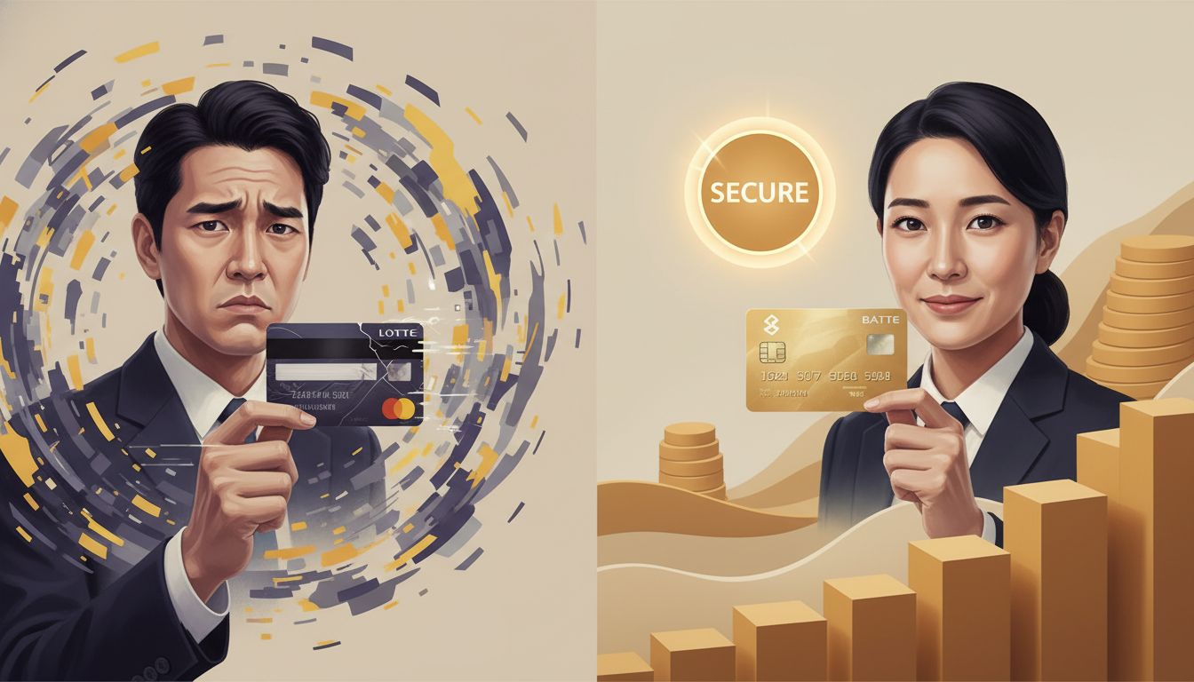 롯데카드 영업정지로 인한 고객의 불안감과 현명한 대처를 상징하는 이미지. 한편에는 혼란스러운 표정의 카드 사용자가, 다른 한편에는 안정적인 대체 카드와 보안 아이콘이 대조적으로 표현되어 있다.