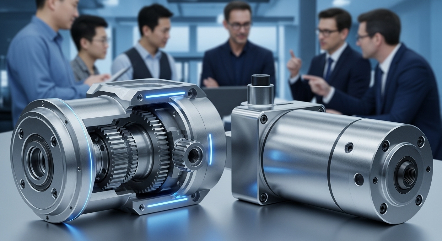 한국의 정밀 감속기와 액추에이터 등 첨단 로봇 부품들의 클로즈업 이미지로, 기술 협력의 중요성을 강조합니다.