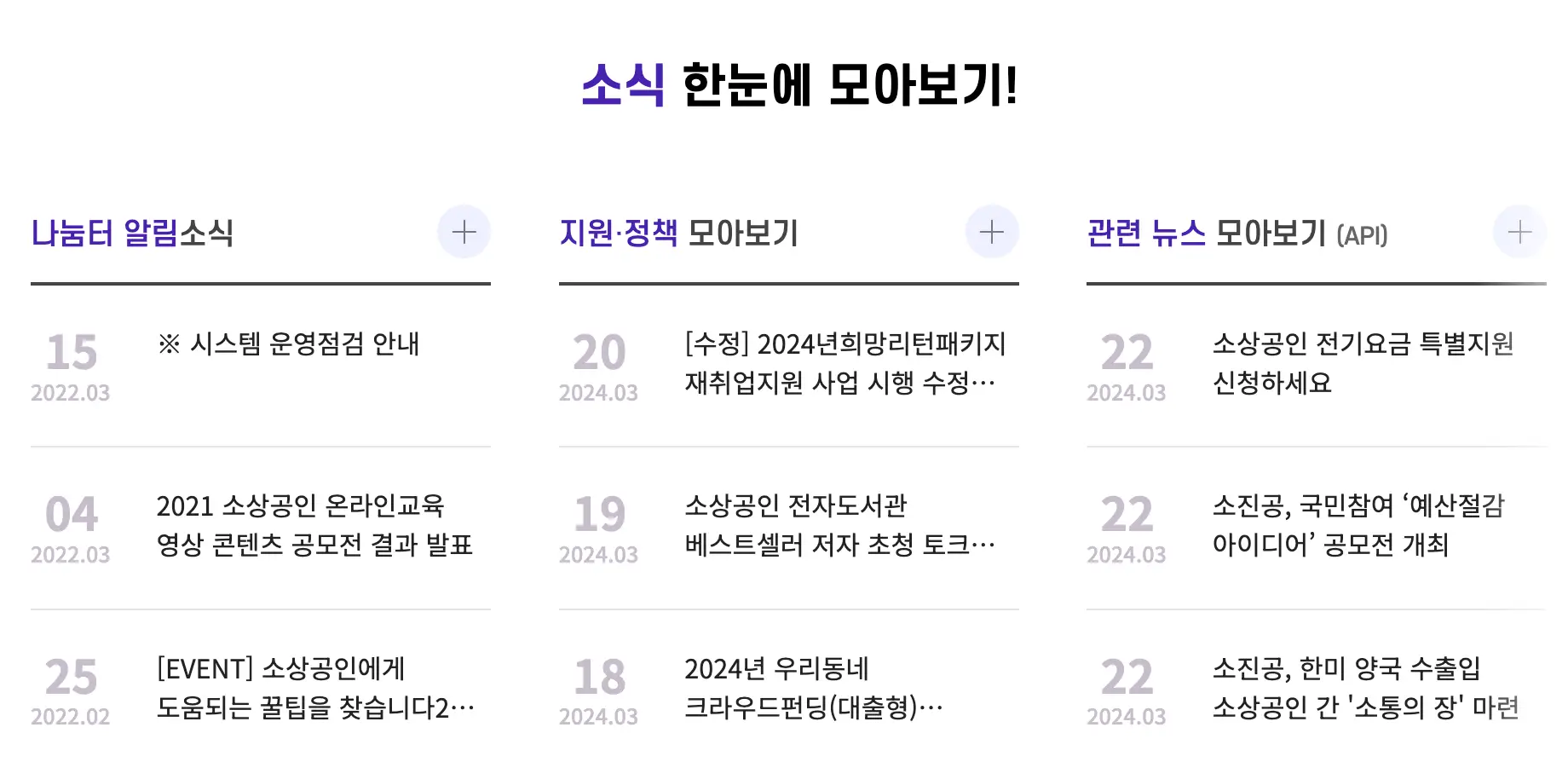 소상공인-
중앙 상단 검은글씨 소식 한눈에 모아보기!
아래 보라글씨 나눔터 알림소식 옆 보라글씨 지원정책 모아보기 옆 보라글씨 관련뉴스 모아보기