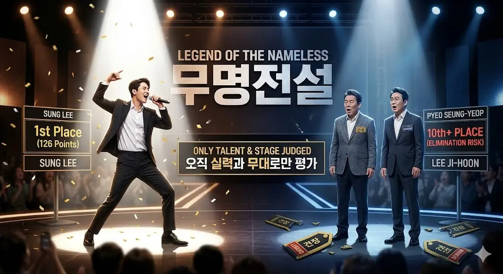 "오디션 프로그램 무명전설 무대에서 126점으로 1위를 차지하며 환호하는 가수 성리와 이를 놀랍게 지켜보는 심사위원들의 모습"