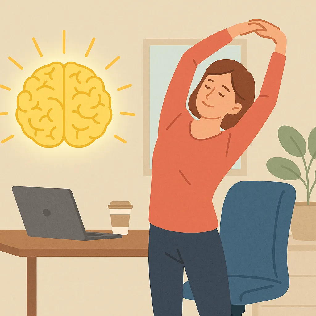 사무실에서-스트레칭을-하는-여성이-두뇌-활동이-활성화되는-모습을-표현한-건강과-집중력-향상-일러스트