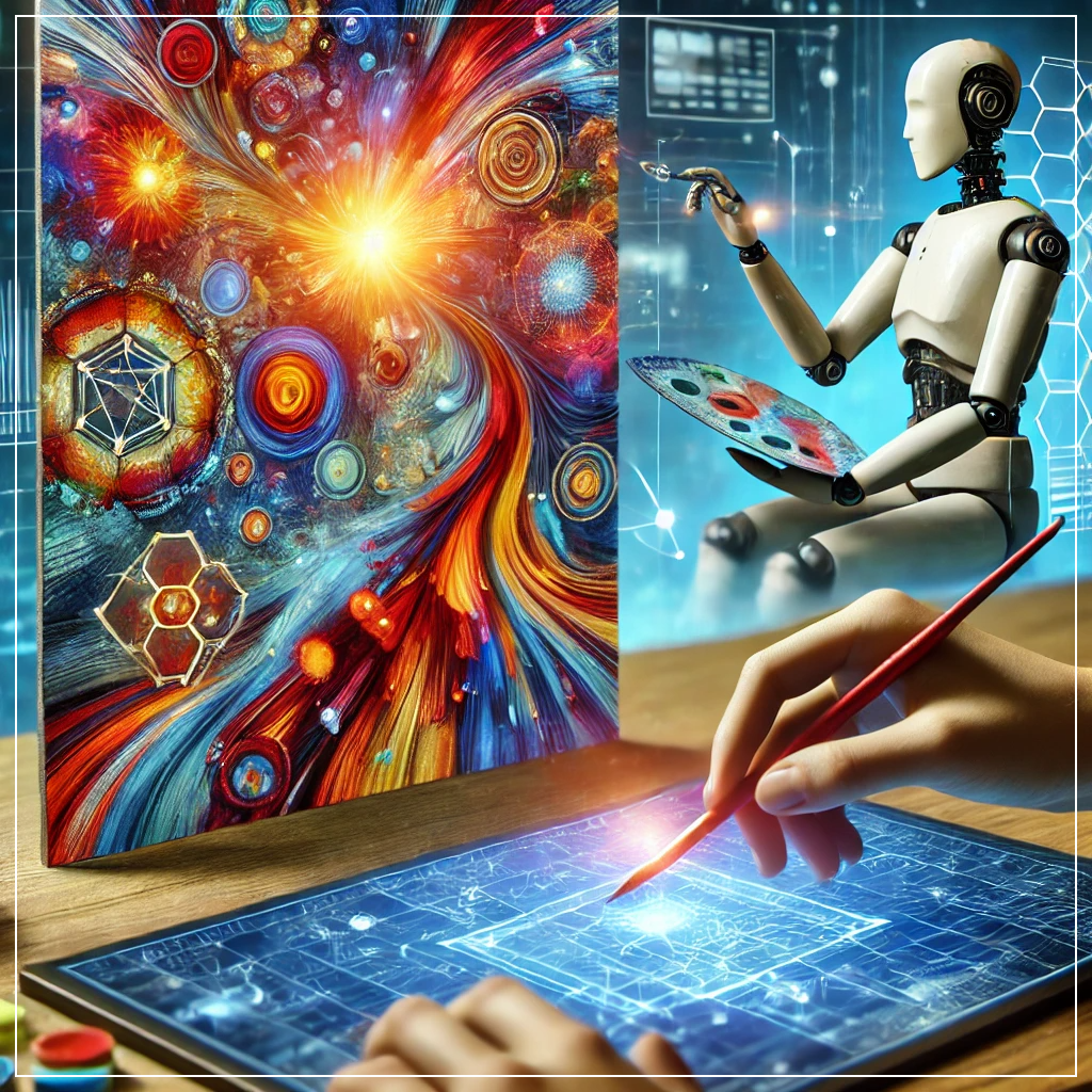 생성형 AI가 디지털 캔버스에 추상적인 예술 작품을 그리고 있는 장면을 표현한 이미지