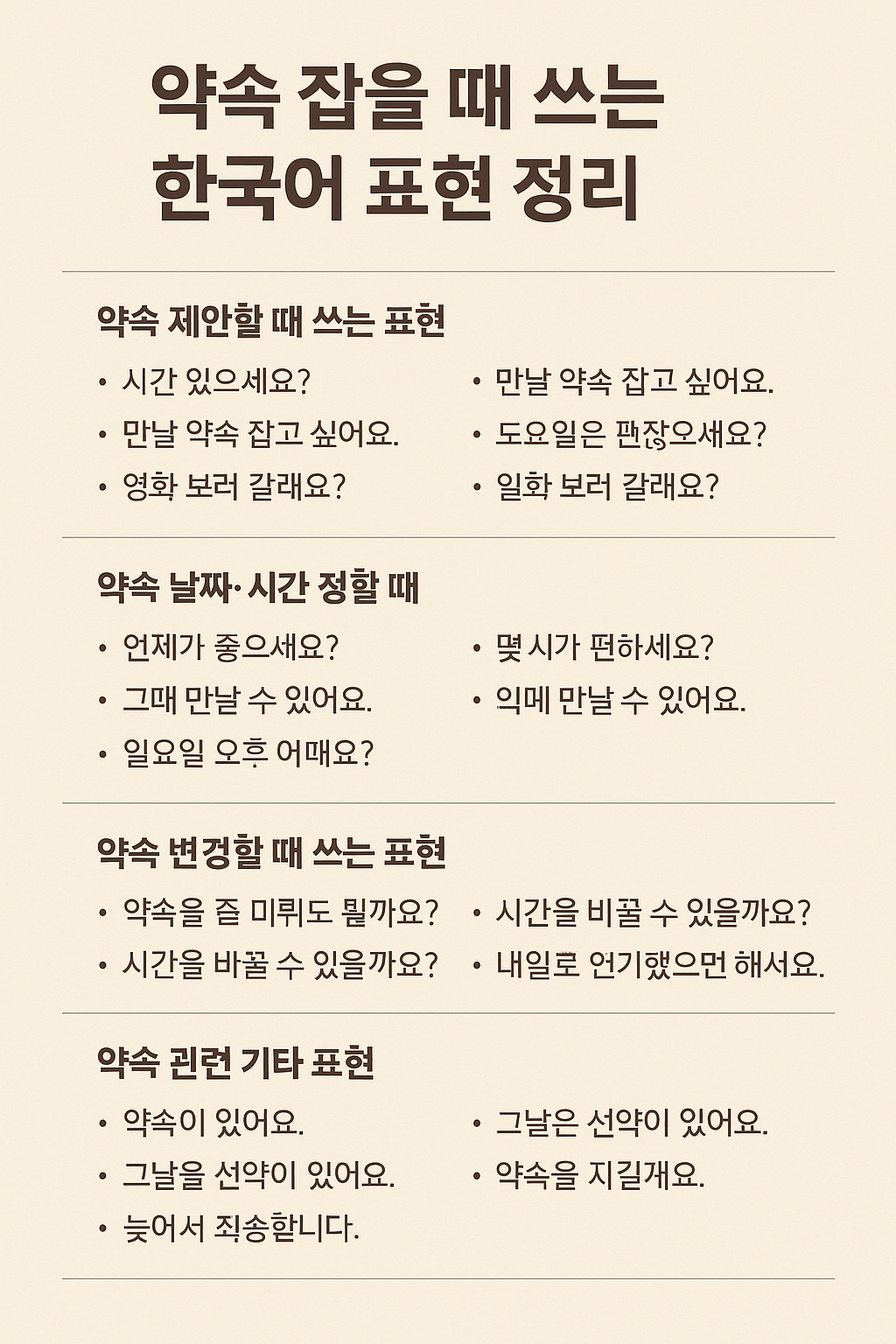 약속 잡을 때 자주 쓰는 한국어 표현 정리